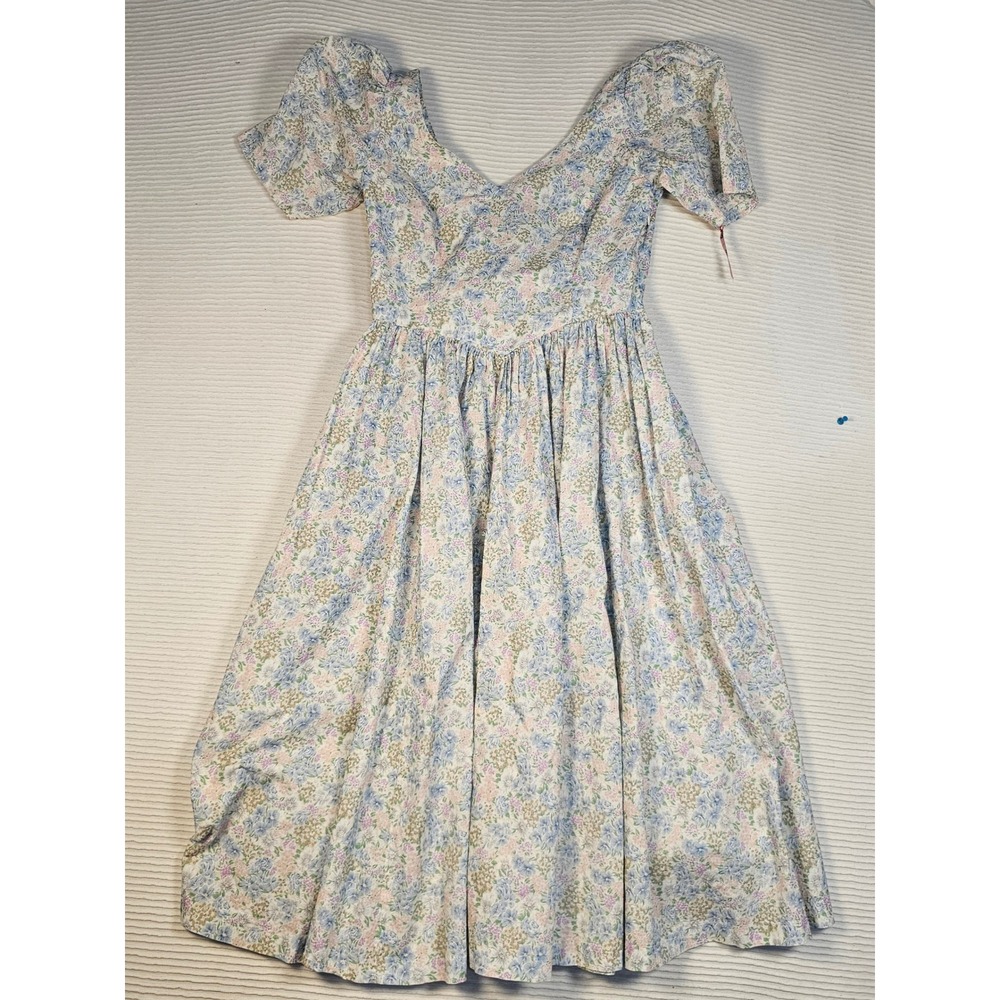 Daze Dayz Floral Cotton Puff Sleeve Midi Dress Blue Pink Green Size M NWT - Picture 6 of 6